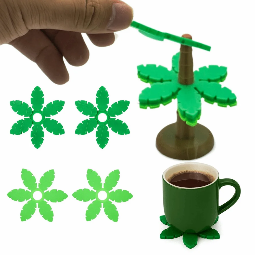 

4Pcs Heat-Resistant Coconut Tree Coasters Set with Flowerpot Stand Non-Stick Plastic Drink Mat Easy To Clean Decorative