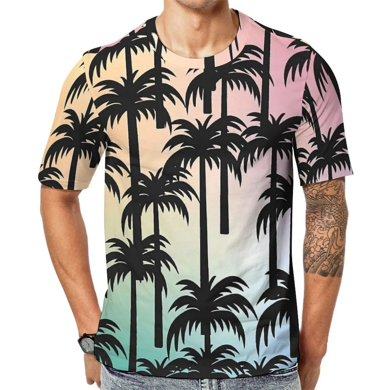 Premium T Shirt Rainbow Sunset Palm Trees T Shirts Street Style Novelty Tee Shirt For Couple Short-Sleeved Oversize Clothes