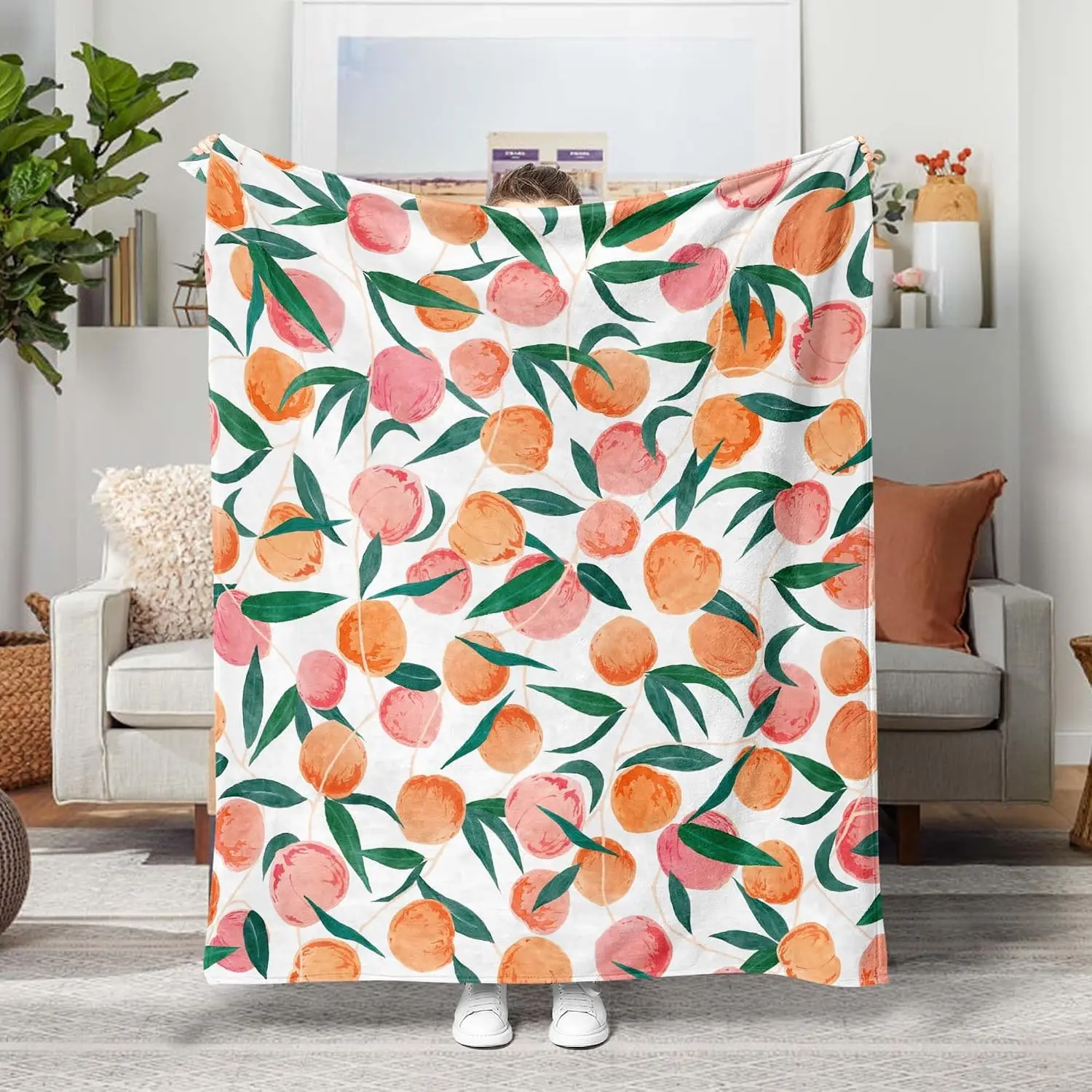Peach Throw Blanket Allover Cute Bright Colorful Fruit Design Home Bedroom Living Room Decor Gift