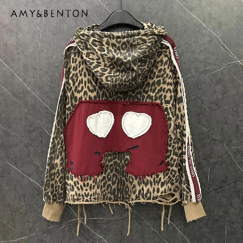 

Popular Design Sweet Cute Cartoon Leopard Print Hooded Sweatshirts For Women's Loose Fashion Casual Top Hoodies 2025 Autumn Coat