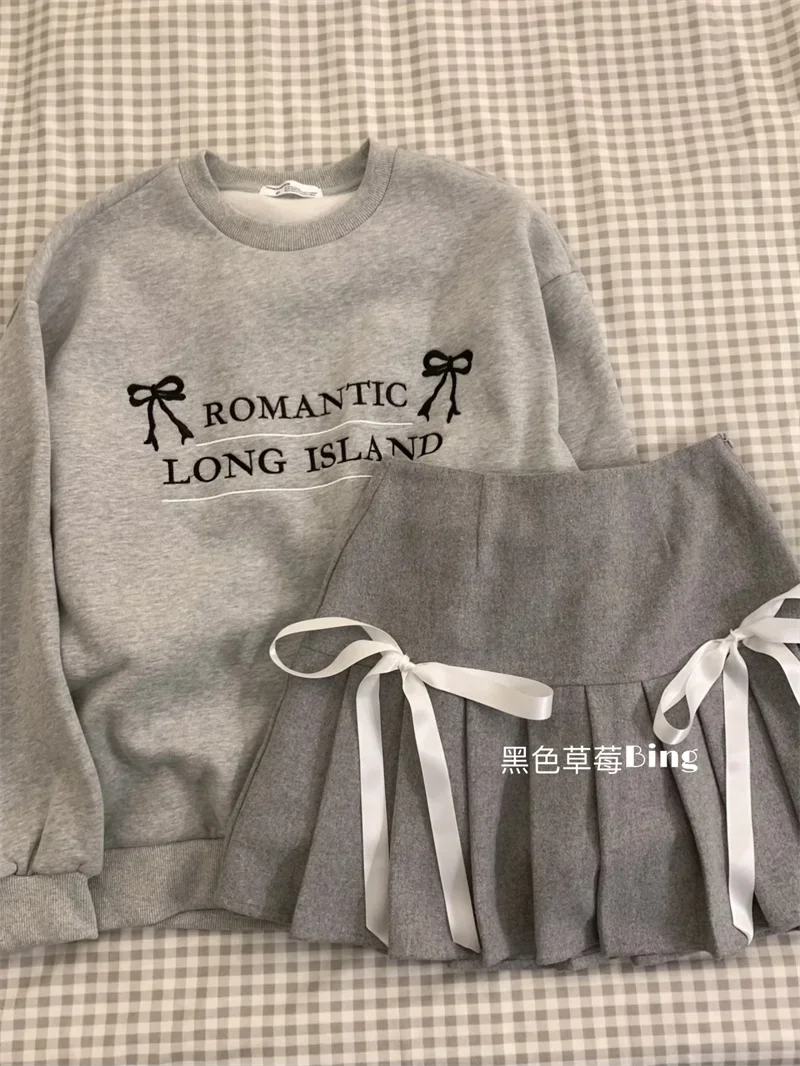 Academy Style Girl Embroidered Letter Loose Sweatshirt High Waist Bow Pleated Skirt Set Gray Spring Single Piece Women Outfits