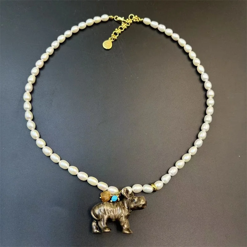 

Fashion Hip-hop Layered Pearl Rhinoceros Pendant Necklace for Men&Women Vacation Enamel Drip Glaze Exquisite All-match Jewelry