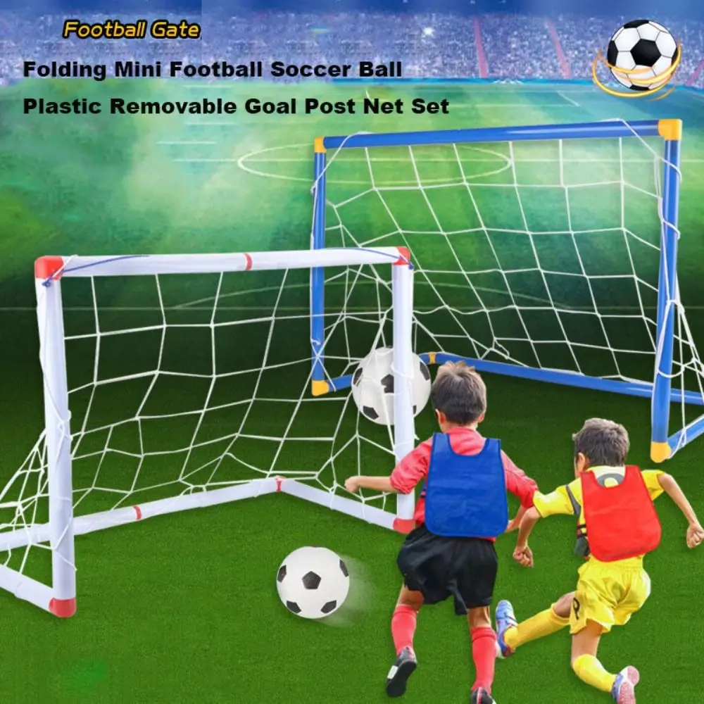 Mini pallone da calcio pieghevole in plastica, set di reti per porta rimovibili ad alta resistenza, 2 dimensioni, giocattoli per interni ed esterni per bambini