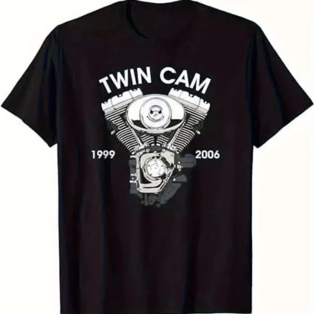 Twin Cam V-shaped Twin Cylinder Motorcycle Engine Retro Print, Suitable for All Seasons, Unisex Short Sleeved T-shirt