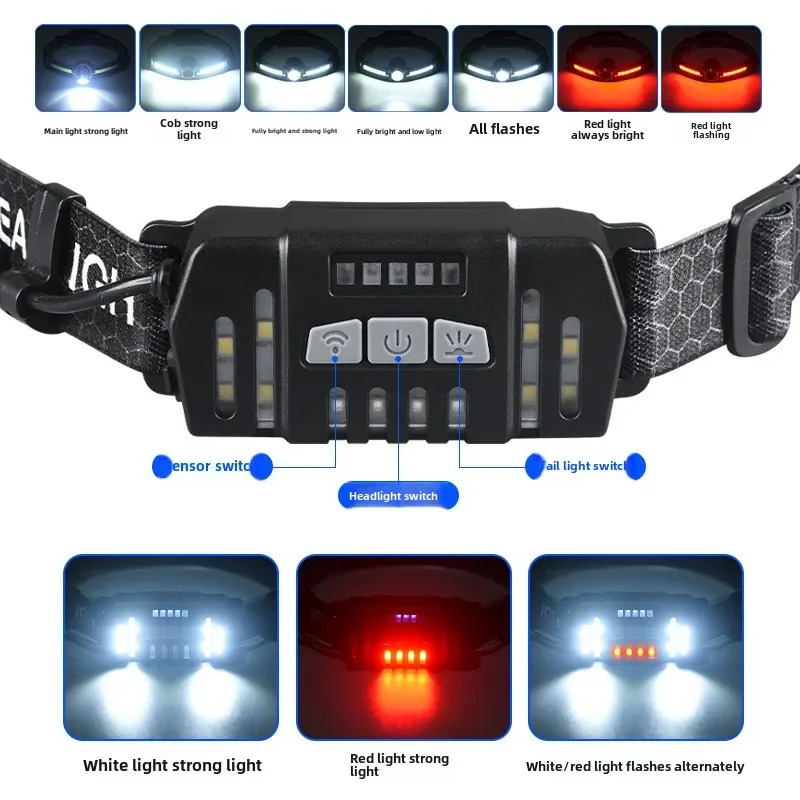 New LED Sensor Headlamp Outdoor Bright Light Charging Zoom Cob Running Headset Fishing Light