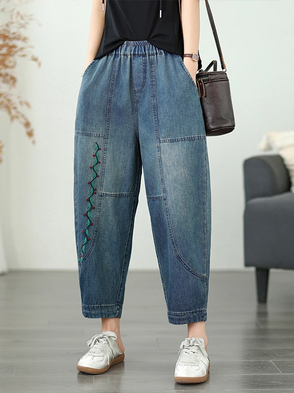 Dżinsy retro z haftem, codzienne, z wysokim stanem, elastyczne w pasie, bawełniane spodnie typu harlan, wyszczuplające, długość 7/8 dla kobiet plus size.
