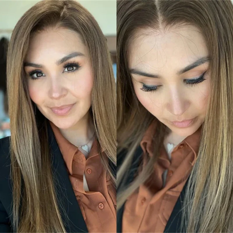 Ombre Brown Blonde Highlights HD Invisible Synthetic Lace Front Wig Soft Long Straight Wig Heat Friendly Hair Girls Gift Wig