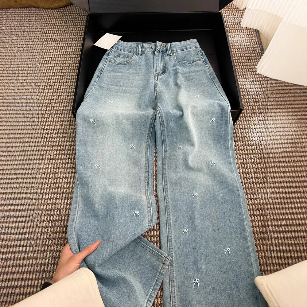 Women's Light Blue Wide-Leg Jeans, Casual High-Waisted Denim Pants with Delicate Bow Embroidery, Loose-Fit Everyday Trousers