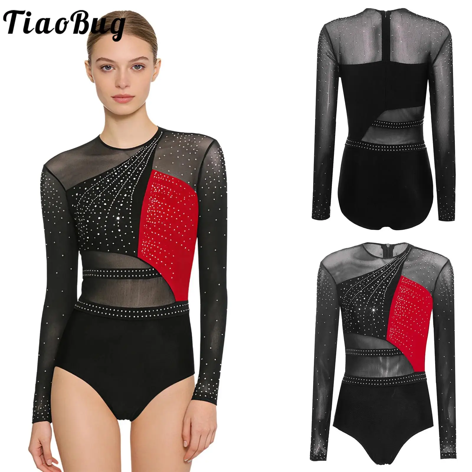 

Women Sheer Mesh Rhythmic Dance Figure Skating Gymnastics Jumpsuits Long Sleeve Shiny Rhinestone Leotard Bodysuit Ballet Dresses