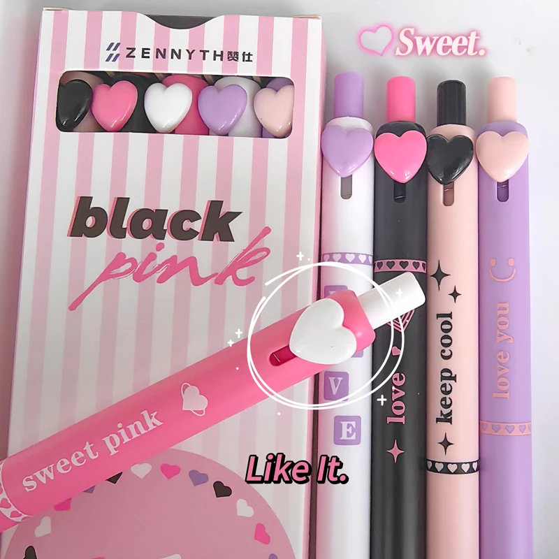 5PCS/Set Love Heart Gel Pen For Students Button Gel Ink Pen 0.5MM Black Refill Writing Pen Quick Dry Neutral Pen School Supply