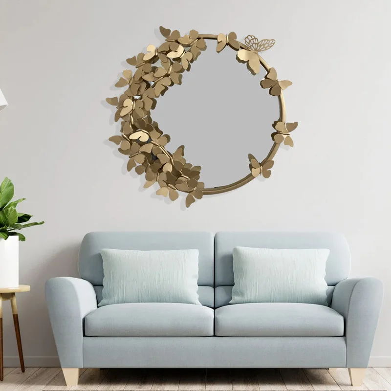 Wrought iron round metal mirror wall hanging classical butterfly round mirror bedroom personalized makeup mirror wall background
