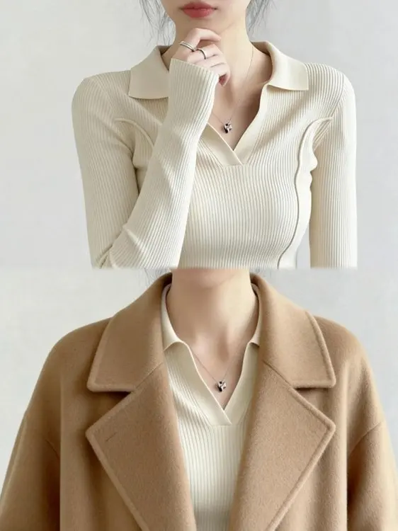 

Женская облегающая трикотажная футболка с длинным рукавом и V-образным вырезом, мягкая, повседневная, для ранней весны, базовый слой