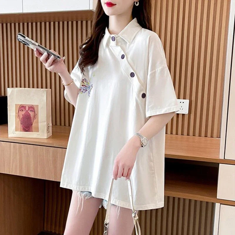 تي شيرت صيفي برقبة بولو للنساء تي شيرت نسائي جرافيك ملابس على الطراز الكوري ملابس شبابية جميلة أصلية