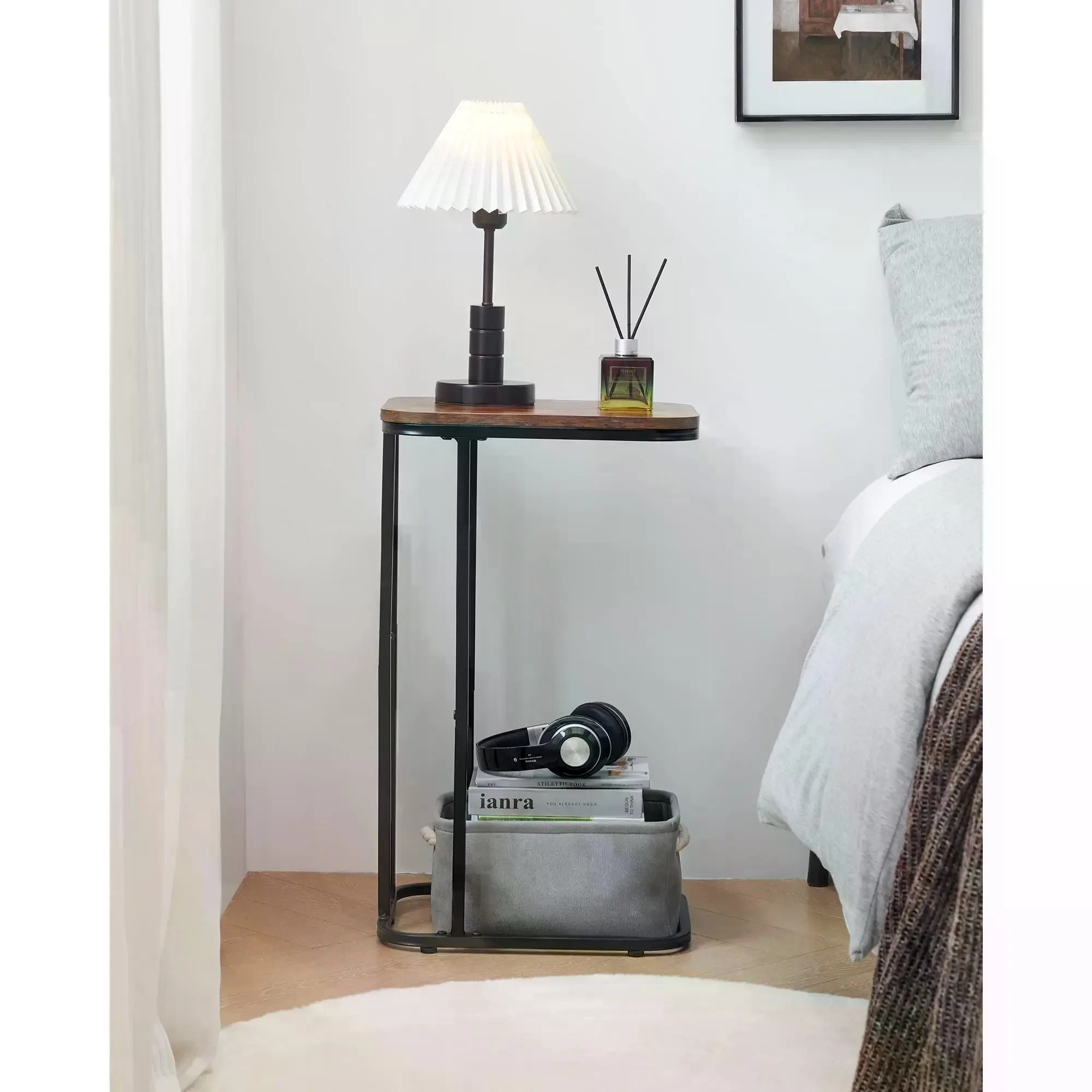White 26.6" C-Shaped End Table & TV Tray.Portable Metal Frame Side Table for Couch, Bed, Living Room & Bedroom.