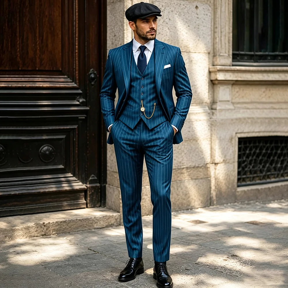 Dapper Men Blue Pinstripe 3 Pieces Suit Notch Lapel Jacket Vest Pants Set Custom Retro Male Wedding Tuxedo Formal Evening Outfit