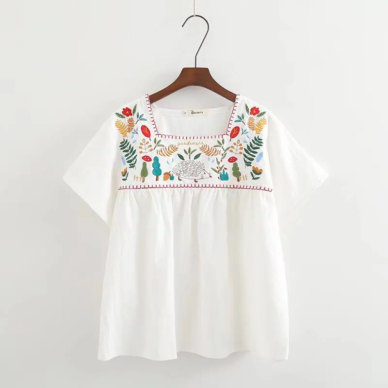 Qiukichonson White Shirt Women Short Sleeve Summer Tops Ladies Mori Girl Square Collar Cute Emboridery Cotton Blouses