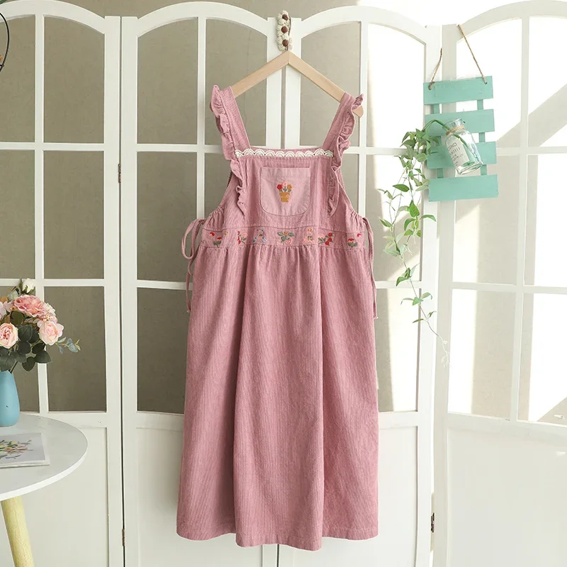 Spring Sweet Mori Girl Floral Embroidered Corduroy Dress Women Korean Fashion Kawaii Cute Sleeveless Casual Dresses