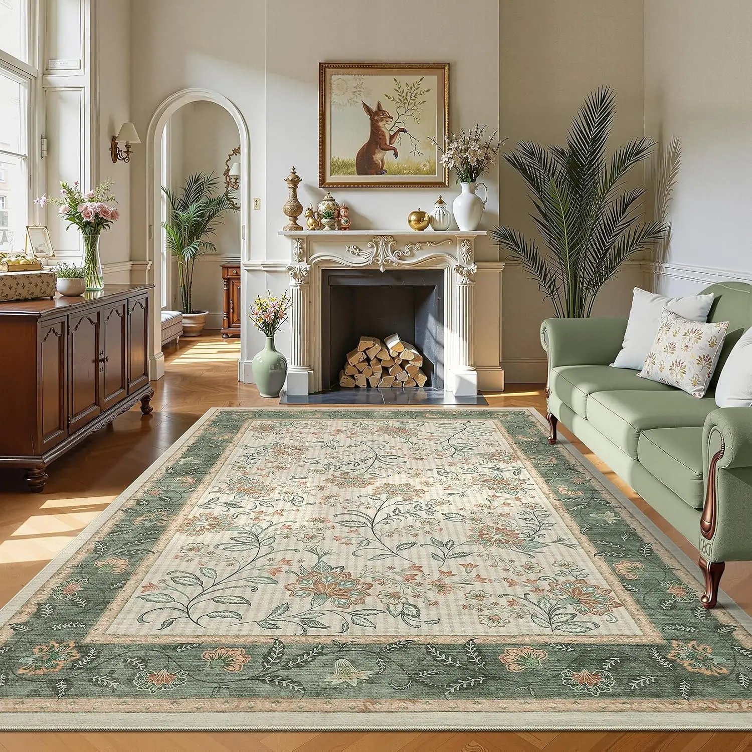 9x12 Sage Green Washable Large Area Rug Non Slip Soft Country Mat Carpet Indoor Botanical Floral Rug for Living Room Bedroom