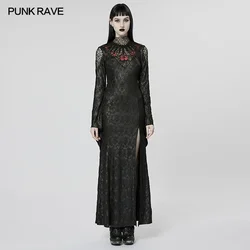 PUNK RAVE Women's Exquisite Gothic Night Withered Vine Spider Pattern Mesh Dress Flared Sleeves Sexy Goddess Long Dresses