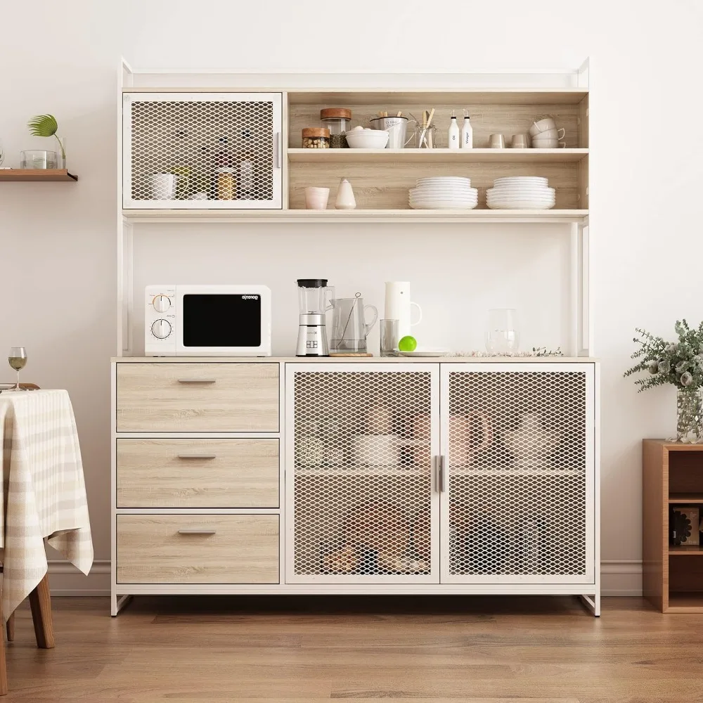 

Modern Wood Sideboard Buffet Storage Cabinet with Hutch, 3 Metal Mesh Doors, 3 Drawers & 5 Compartments, Kitchen Pantry