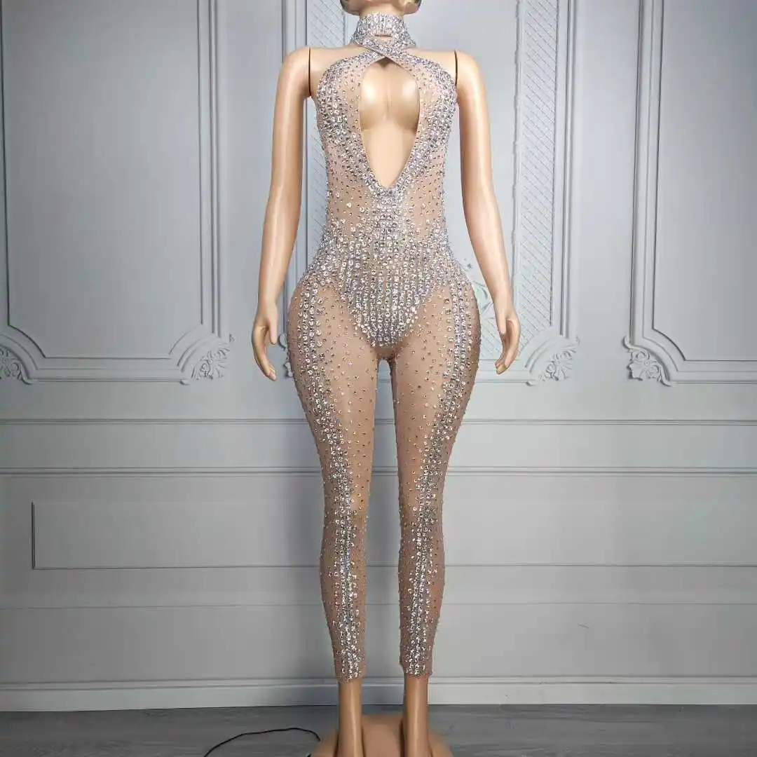 

Sheer See Thru Women Full Rhinestone Jumpsuits Sexy Sleeveless Pole Dance Stage Wear Luxury Style