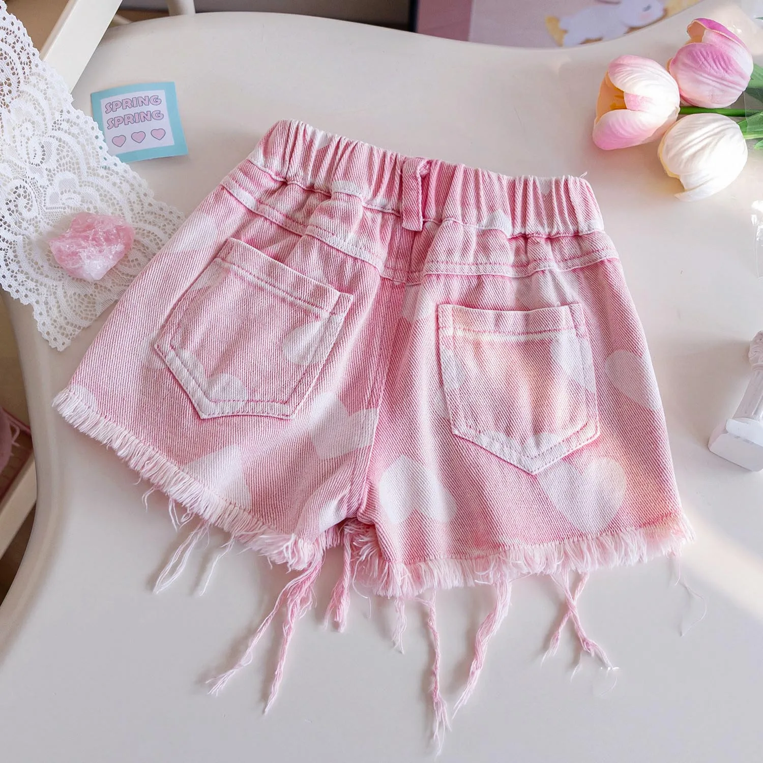 Girls' Summer Tassel Denim Shorts Korean Edition Fashion Heart Printed Broken Hole Casual Pants Kids Pink Dance Hotpants