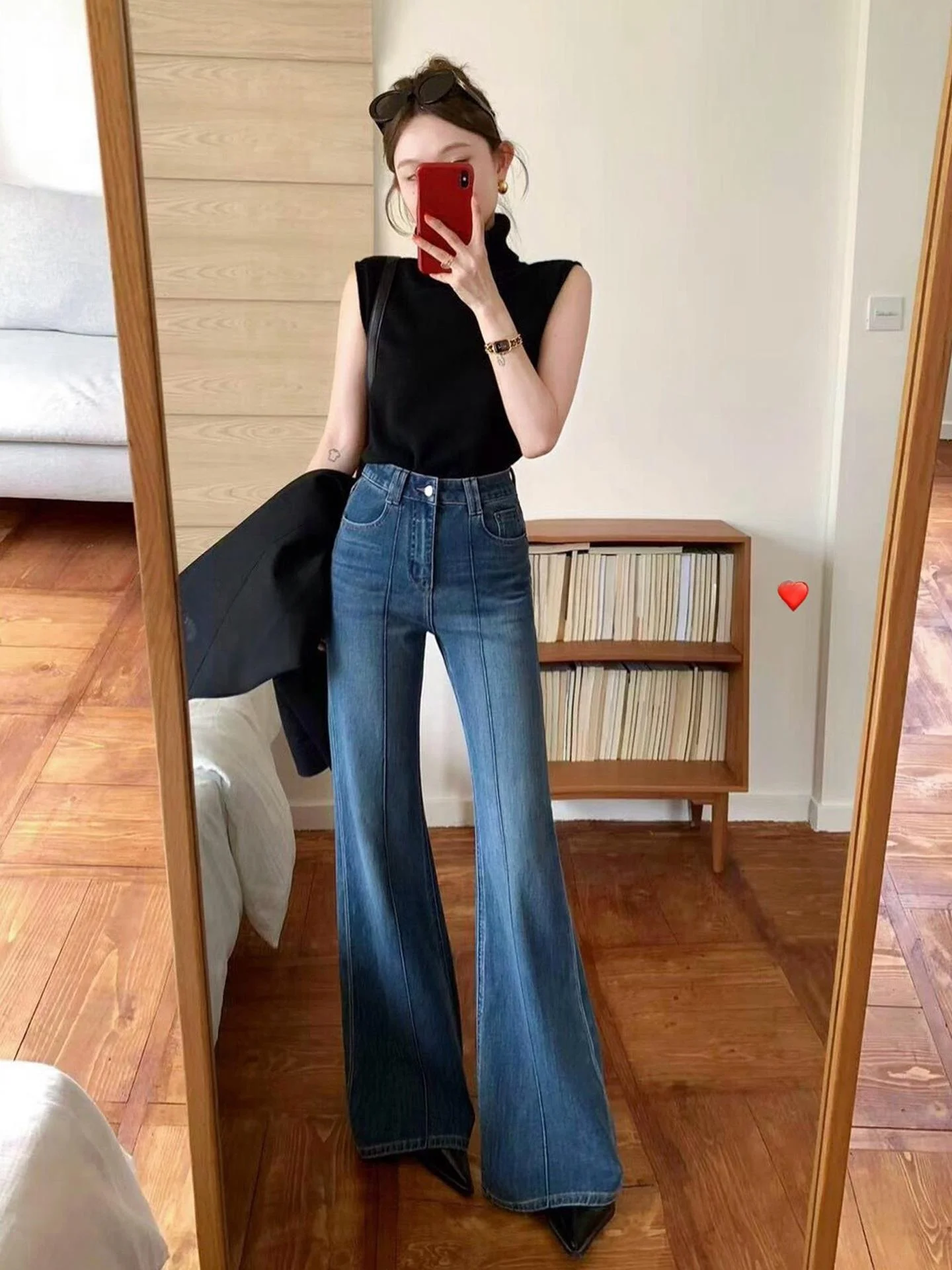 Bleu taille haute évasé jambe droite jean femmes Premium Denim pantalon Dongda Gate automne nouveau Sle décontracté taille haute jean