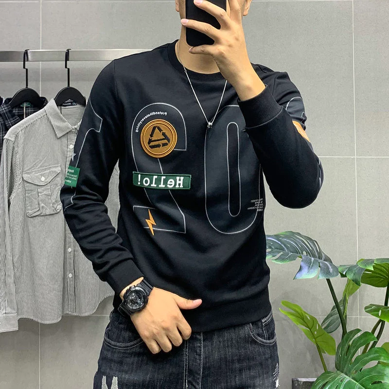 

Индивидуальный свитшот из чистого хлопка, мужской весенне-осенний новый корейский стиль с круглым вырезом, модная тонкая шляпа без шапки с буквенным принтом