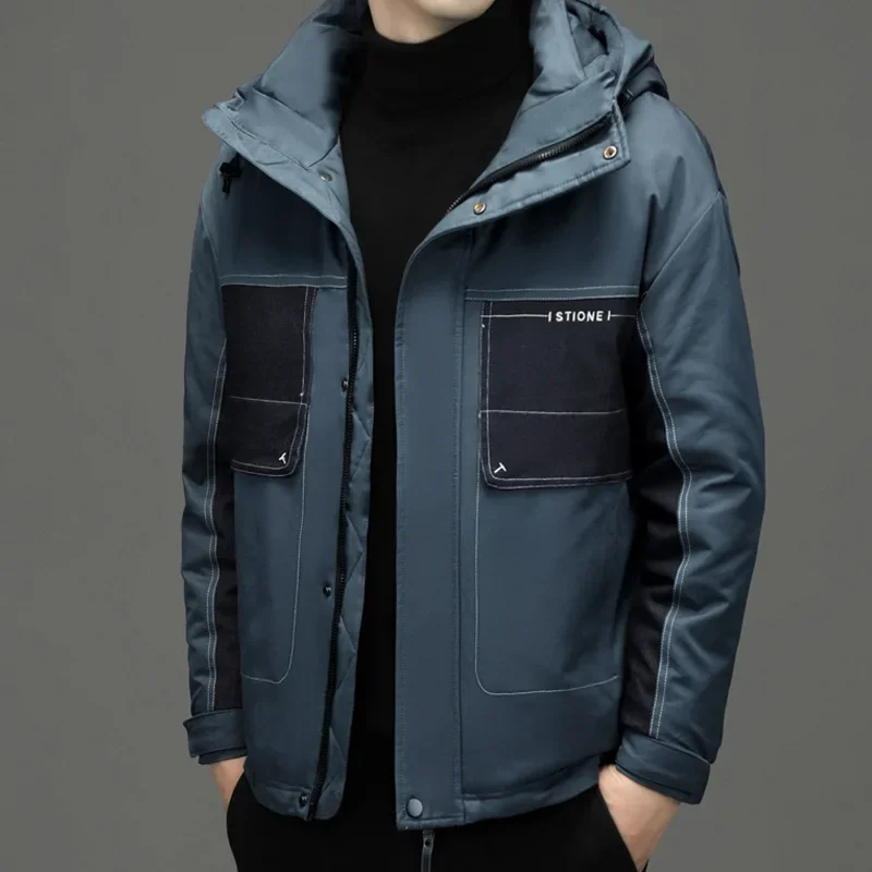 Homens na moda com capuz jaqueta inverno novo homem pato branco para baixo engrossado quente solto outwear cor sólida casual versátil parka