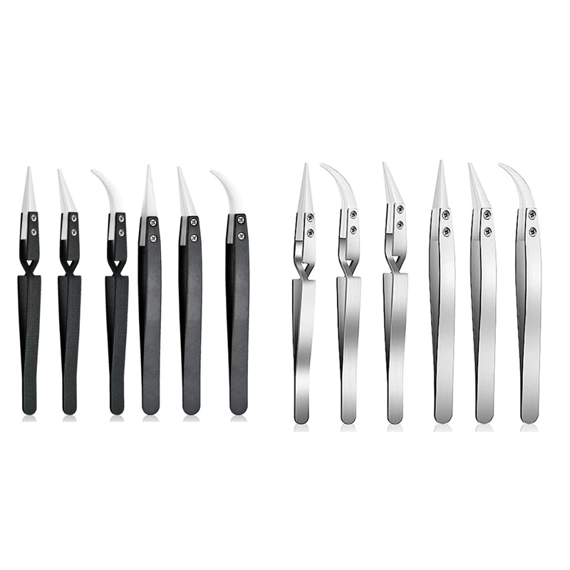 6 PCS Precision Reverse Ceramic Tweezers Set Resistant Electronics Soldering Tweezers Anti-Magnetic Pointed For Solder A