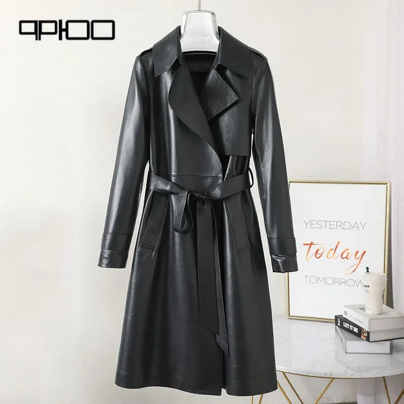 Spring 2024 suit collar leather sheep skin in the long trench coat coat women slim leather trench coat