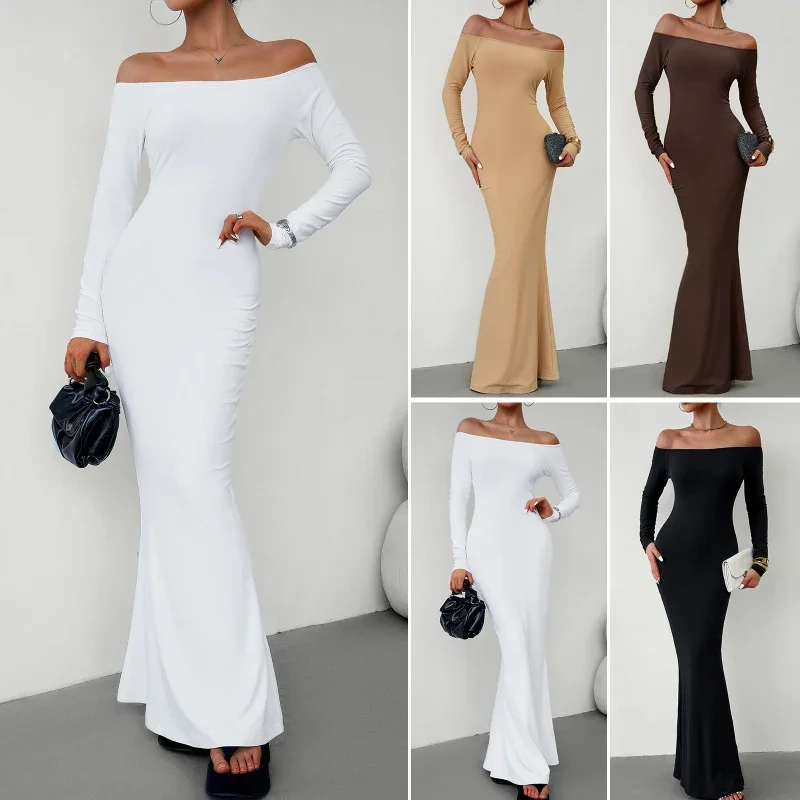 

Europe and The United States Women's 2024 Winter Sexy Elegant Temperament Solid Color Slim-fit One-shoulder Ultra-long Dress