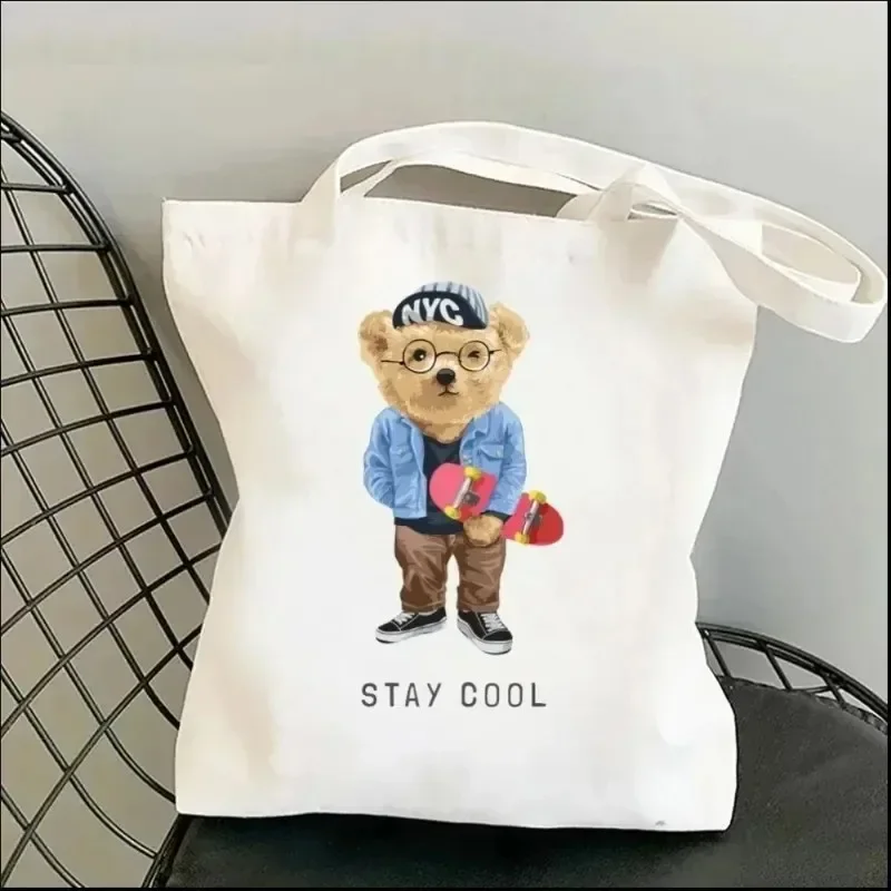 Shopping Bags Canvas Printing Harajuku Cute Bear Art Shoulder Bags Kawaii Fashion Tote Handbag Canvas Girl Environmental Large