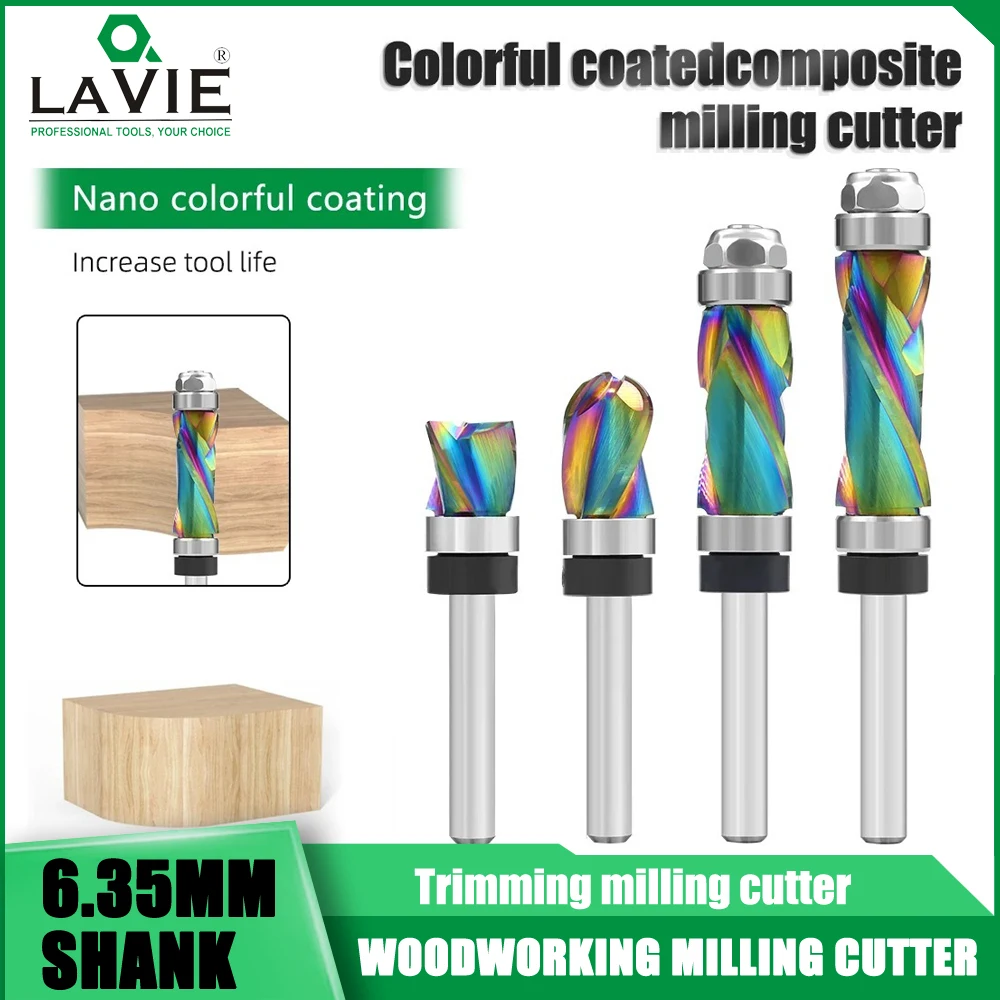 

LAVIE 1pc 1/4 Shank Solid Carbide Coating Compression Flush CNC Bit Router Bits Woodworking Milling Cutter Router Bits for Wood