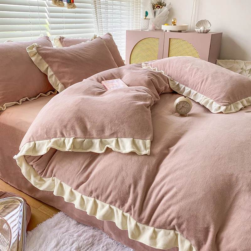 

Milk Fiber Four-Piece Set Winter Coral Fleece Warm Thickened Double-Sided Fleece Quilt Cover Bedding Autumn Winter