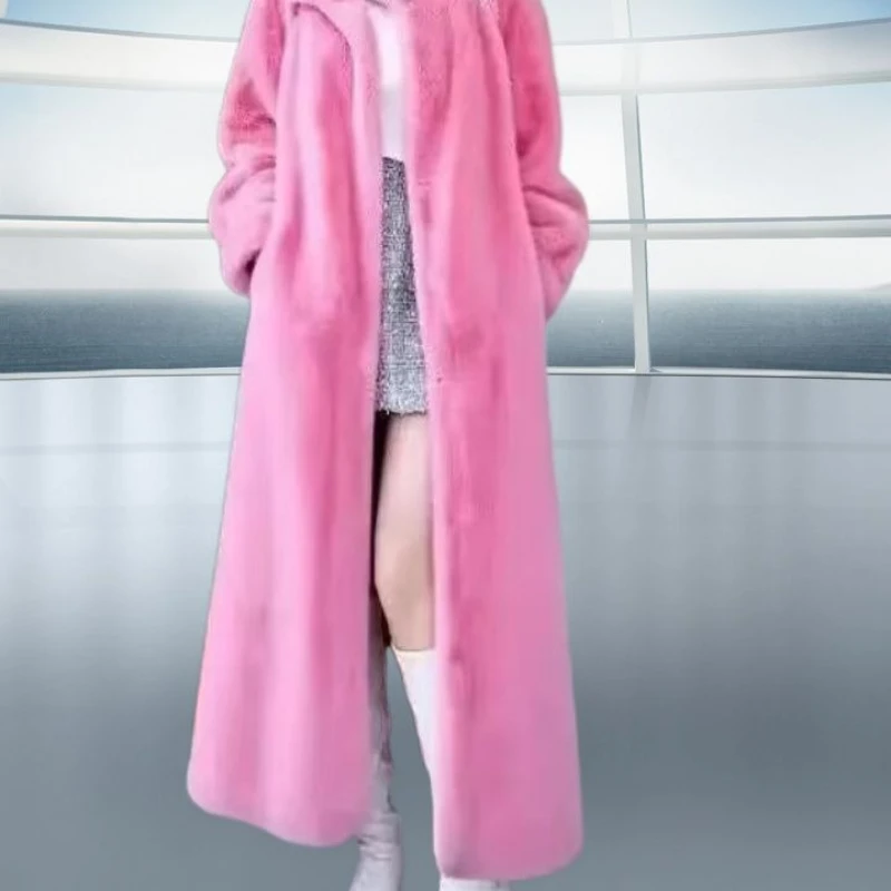 

Women's Winter Hooded Long Faux Mink Coat Design Luxury Brand Faux Fur Trench Coat Warm Soft High Quality Windproof Snow Clothes