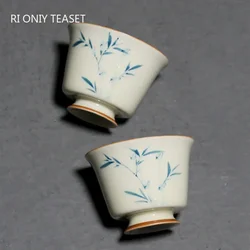 1 Pc Chinese Antique Ceramic Tea Cup Handmade Bamboo Leaf Pattern Tea Bowl Porcelain Teacup Household Teaware Master Cup 40ml