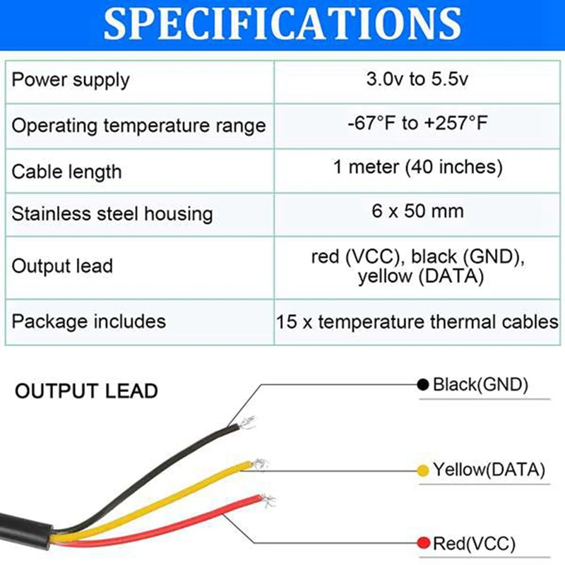 NEW-10 Pieces Of Waterproof DS18B20 Digital Temperature Sensor Probe 100Cm/39.3In Cable