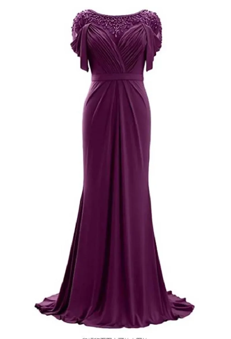 YNQNFS floor length round neck wine red bride mother dress beaded short sleeve knitted formal evening dress wedding guest dress