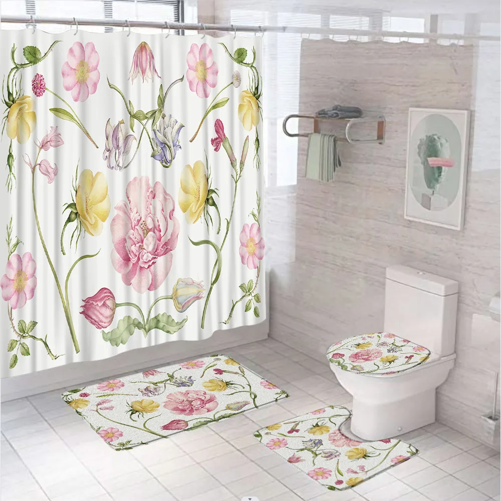 Pink Flower Rose Shower Curtains Set Anti-slip Rug Toilet Lid Cover Bath Mat Spring Floral Plant Leaves Country Bathroom Curtain