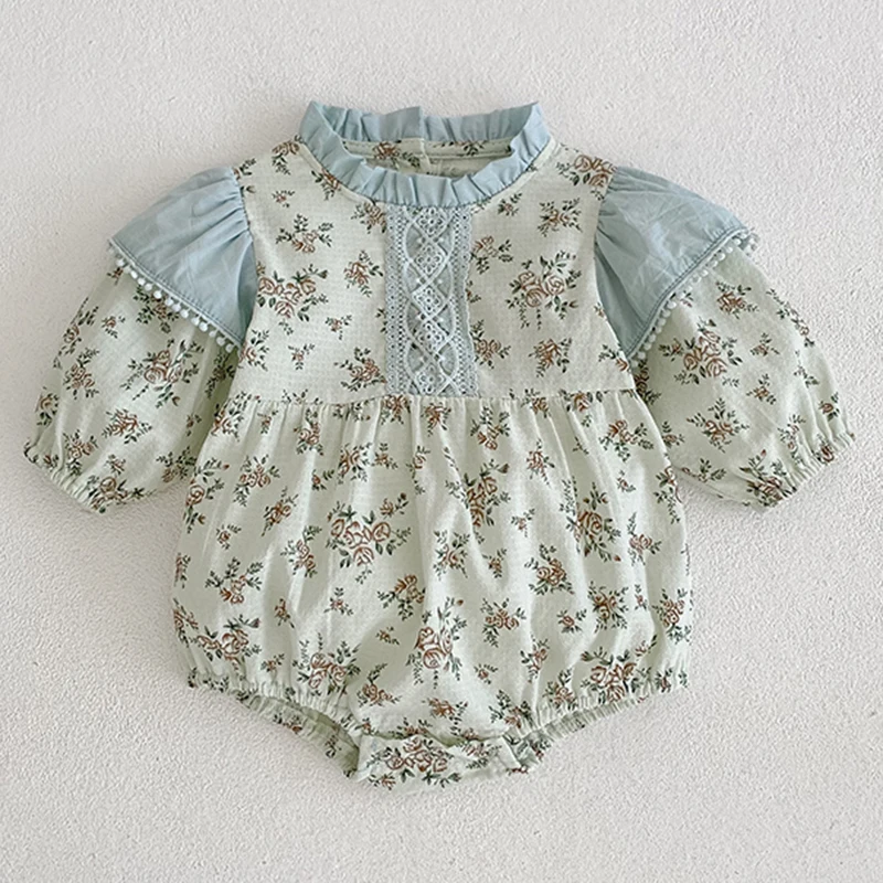 0-3Y vestiti autunnali per bambini Retro pizzo infantile fiocco colletto con volant maniche lunghe body bambini ragazze stampa floreale tutina