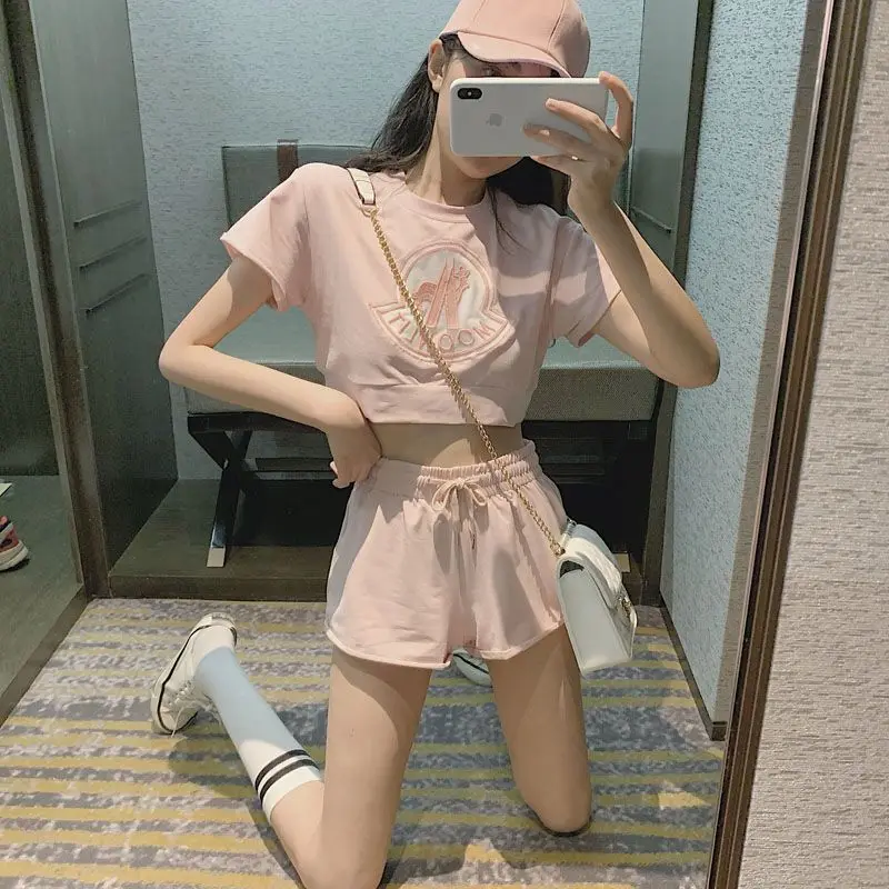 Hikigawa Chic Fashion Short Sleeve Kawaii Letter O Neck Women Tops + Slim All Match Drawstring Short Pants New 2 Sets Ropa Mujer