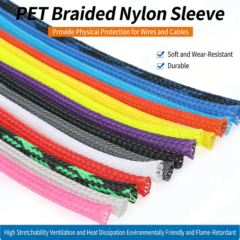 PET Nylon Braided Cable Conduit 5m ID3-60mm Flame Retardant Wear-resistant Cord Protector Wire Organizer
