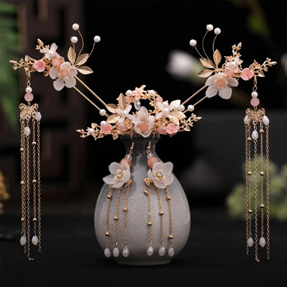 Hair Clips Headpiece Chinese Flower Crystal Handmade Tassel Earrings Hair Comb Hanfu Hair Stick Headwear Sets