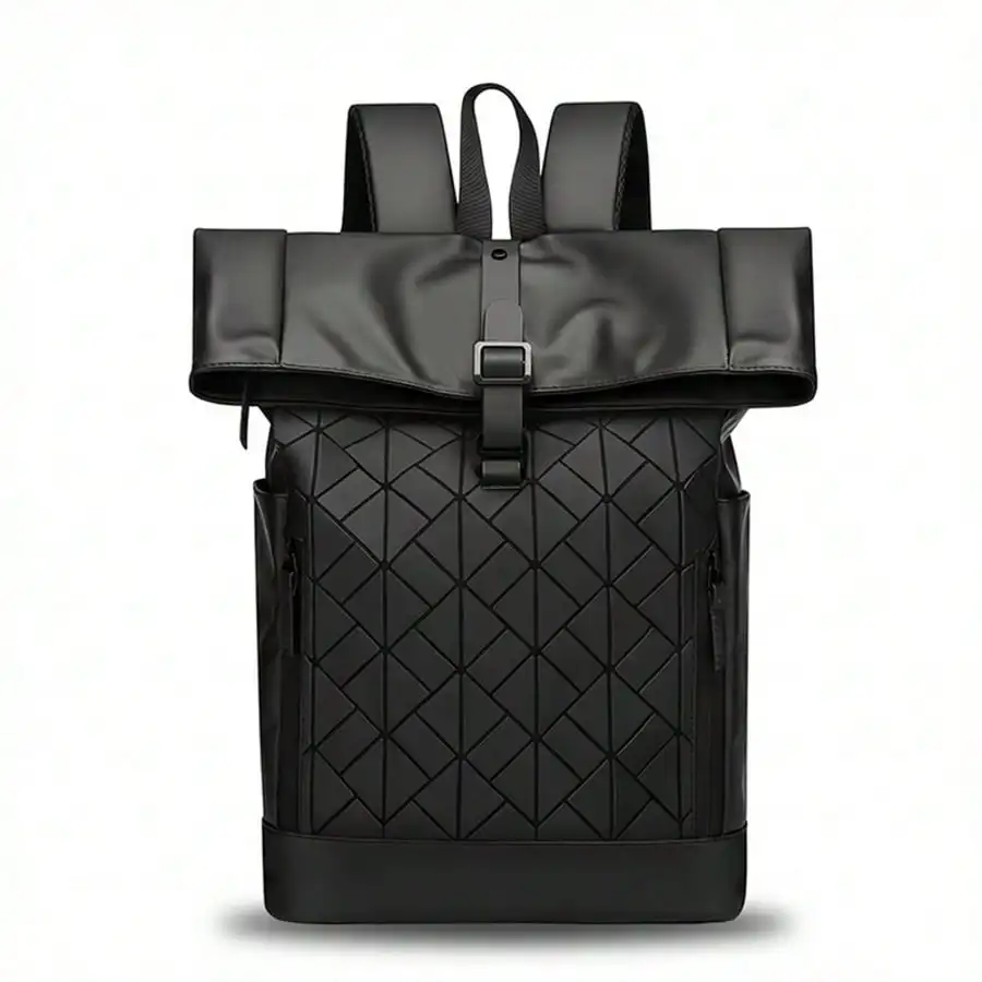 

New Minimalist Urban Roll-Top Backpack For Men – Waterproof Black PU Leather Geometric Pattern Laptop Bag, Large Capacity, Suita