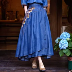 TIYIHAILEY Free Shipping 2024 New Fashion Long Maxi Denim Jeans Women M-L Chinese Style Spring Autumn Elastic Embroidery Skirts