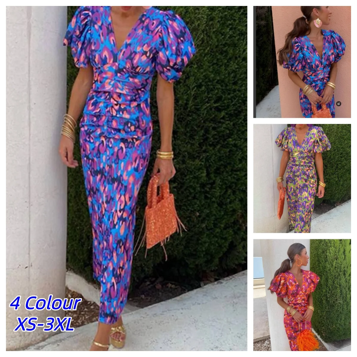 Elegant Women's Dresses Summer Print V-neck Tight Short Sleeved Women Retro Vestidos De Fiestas Vacation Mujer Robe Femmes Party