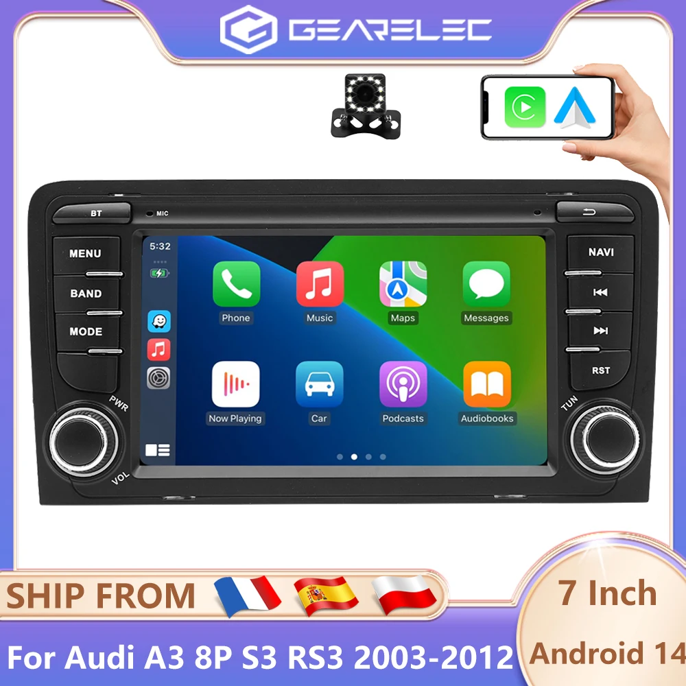 7" CarPlay Android 14 Autoradio für Audi A3 8P S3 RS3 2003-2012 GPS-Navigation Auto-Multimedia-Player SWC Bluetooth FM RDS DSP