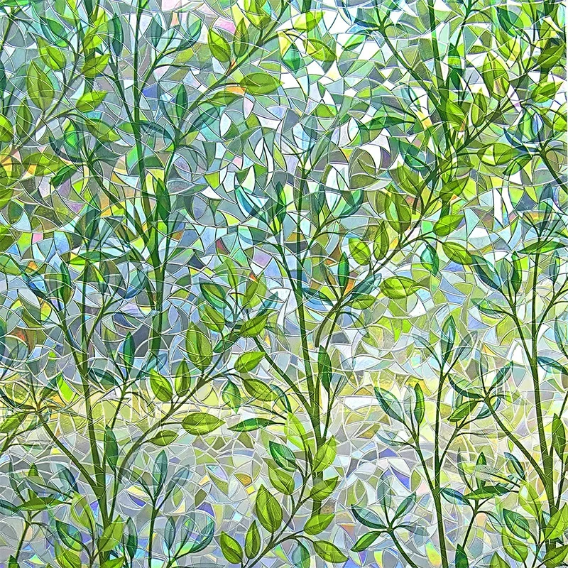 Forest Foliage Stained Glass Window Film, Iridescent Rainbow Light Static Window Decal, Plant Leaf Anti Peep Privacy Glass Cover