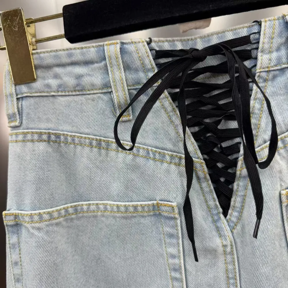 CHICEVER Sexy Spliced Back Lace Up Jeans for Women High Waist Casual Fashionable Slim Straight Leg Pants Female Autumn Clothes